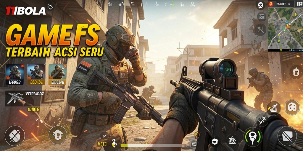 Tangkapan layar utama menunjukkan aksi intens gameplay FPS di 11BOLA.