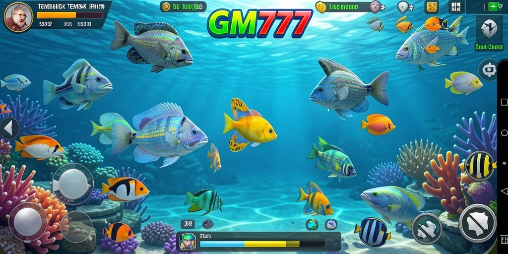 Screenshot gameplay GM777 menunjukkan aksi menangkap ikan yang seru.